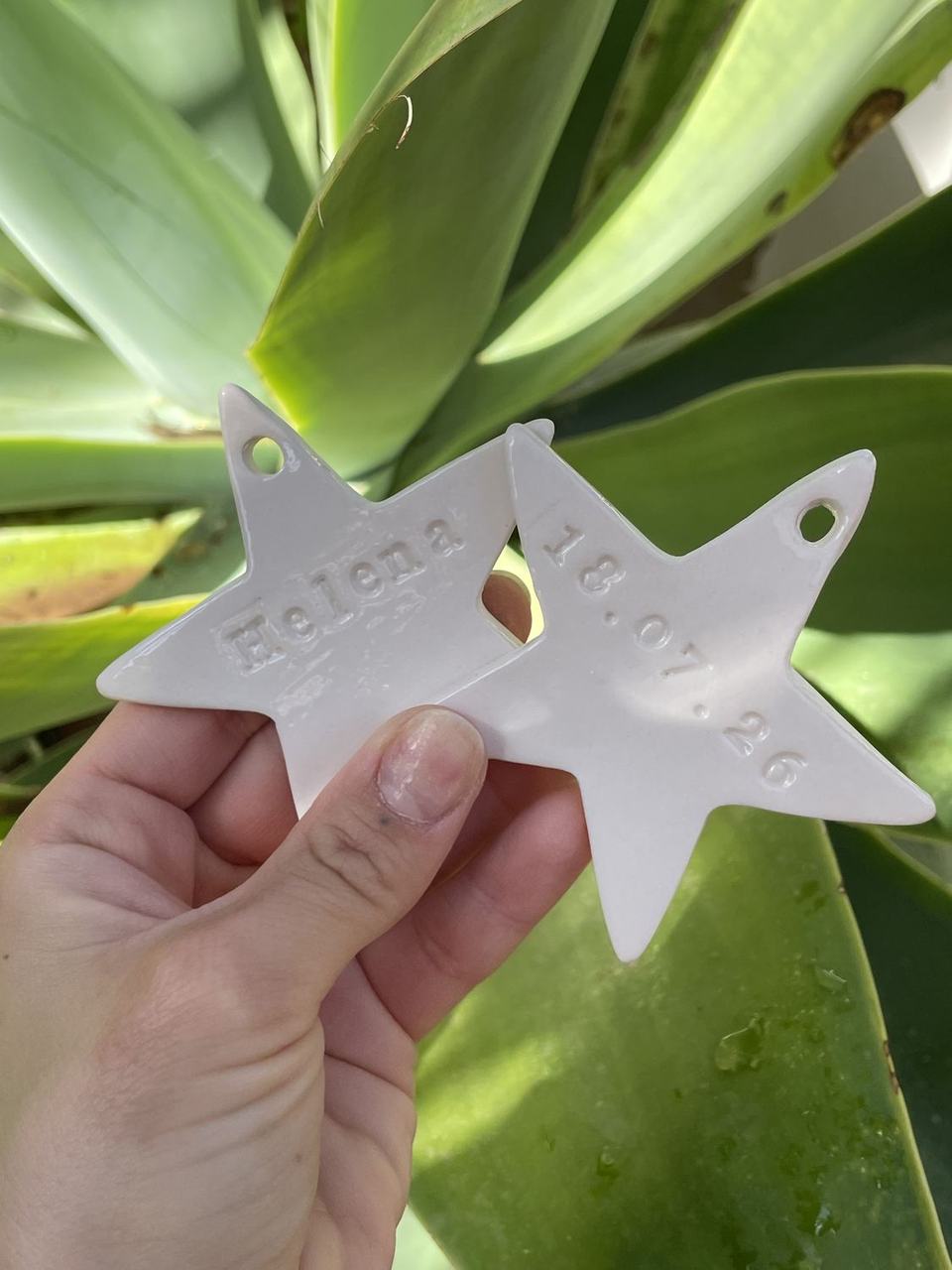 Estrellas de porcelana con nombre y fecha, sostenidas ante una planta